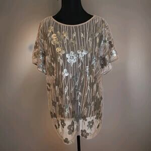 Bob Mackie Wearable Art Sheer Sequin Floral Top S Nude Mesh Evening‎ Embroidered